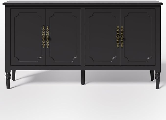 Console Table, 58'' Mid Century Modern Pantry Cabinet, Wood Buffet Sideboard, Media Credenza with 4 Doors, Accent Storage for Entryway, Living Room, Bedroom, Dining Room (Black1)