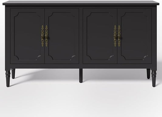 Console Table, 58'' Mid Century Modern Pantry Cabinet, Wood Buffet Sideboard, Media Credenza with 4 Doors, Accent Storage for Entryway, Living Room, Bedroom, Dining Room (Black1)