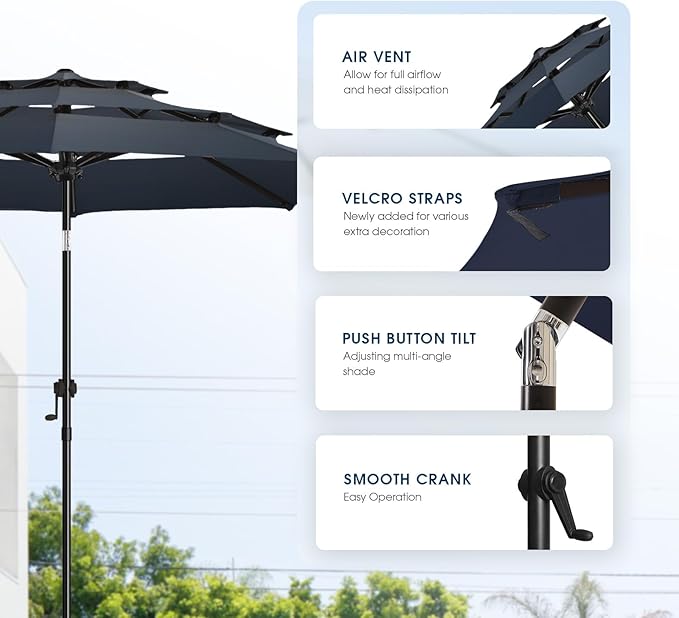wikiwiki 9ft 3-Tier Patio Umbrella Outdoor Table Market Umbrella for Patio with Push Button Tilt/Crank, Fade Resistant Waterproof POLYESTER Canopy for Garden, Lawn, Deck, Backyard & Pool, Navy Blue