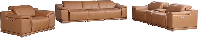 BlackJack Furniture Venice Top Grain Italian Leather Recliner 7 Seater 6 Power Reclining 3 Piece Sofa Set with Adjustable Headrests Modern Seating Sofa, Loveseat and Chair for Living Room , Cognac