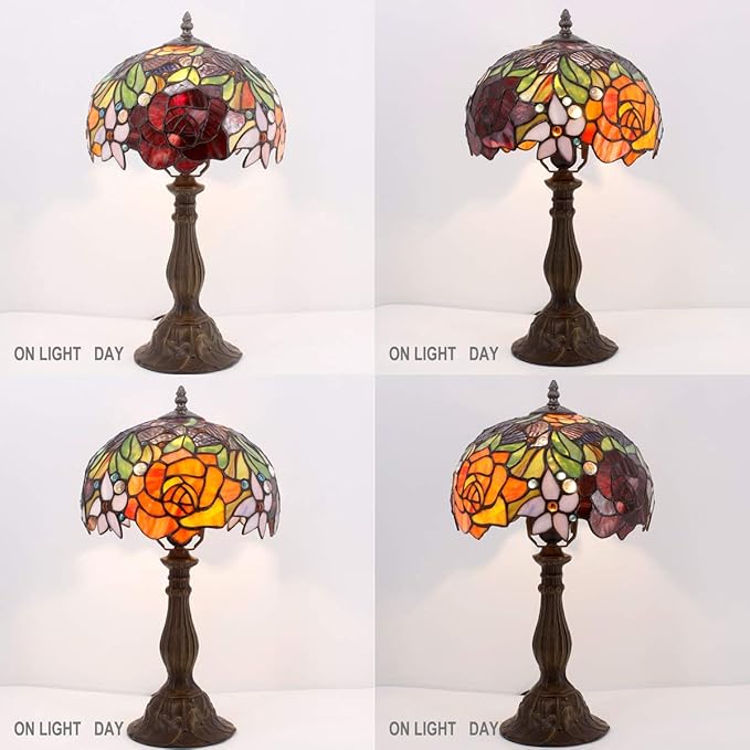 WERFACTORY Tiffany Style Table Lamp Stained Glass Bedside Lamp Red Rose Desk Reading Light 10X10X18 Inches Decor Bedroom Living Room Home Office S001 Series
