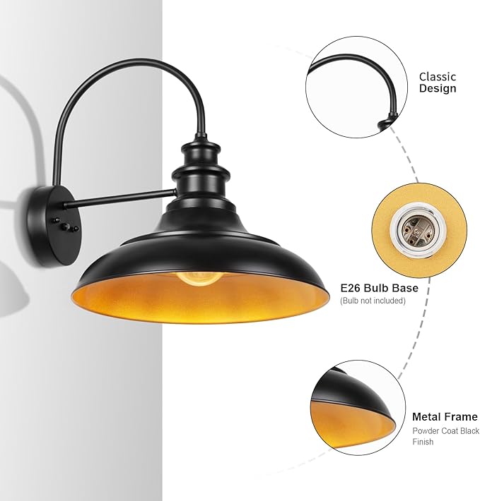 Outdoor Barn Light Fixtures, 16 Inch Large Dome Farmhouse Exterior Wall Mount Lights, Rustic Wall Sconces Indoor Wall Lighting, Industrial Black Gold Lanterns for Porch, Garage, 2 Pack