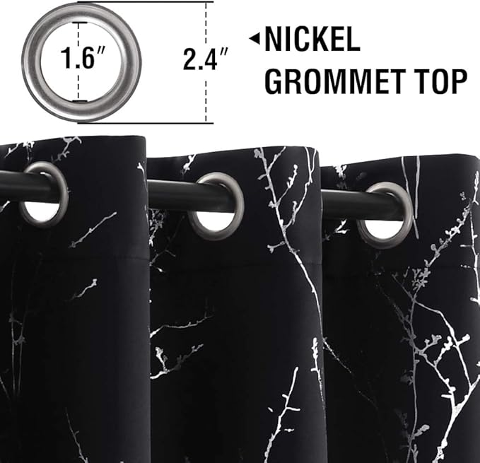 H.VERSAILTEX Blackout Curtains for Bedroom Foil Print Twig Tree Branch Thermal Insulated Grommet Curtain Drapes Light Blocking Thick Soft Window Curtains for Living 52 x 63 Inch, 2 Panels, Black