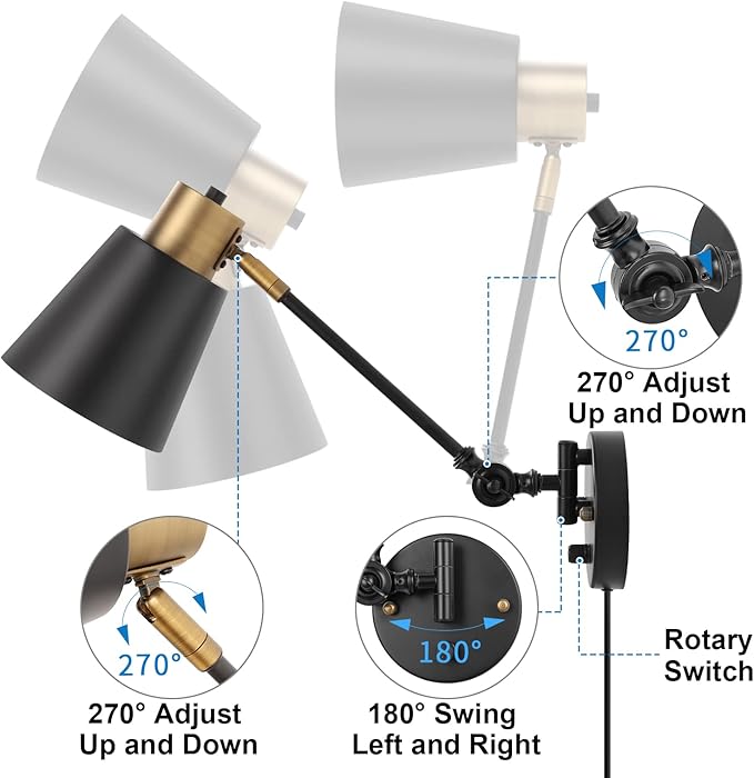 Dimmable Wall Lamp with Plug in Cord, Plug in Wall Sconces, Swing Arm Wall Light with On Off Switch, Metal Black Brass Industrial Wall Lamp for Bedroom, Living Room, E26 Base