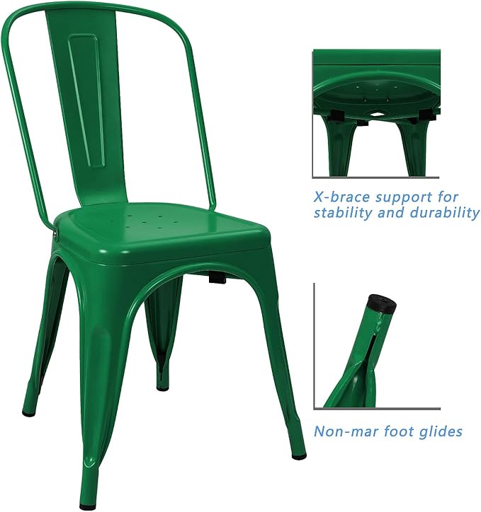 Devoko Metal Indoor-Outdoor Chairs - Distressed Style Kitchen Dining Set of 4 Stackable Side Chairs with Back (Green)