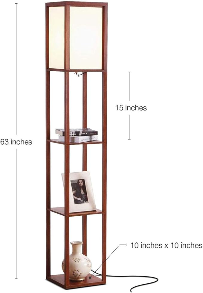 Brightech Maxwell - Modern Shelf Floor Lamp with Lamp Shade & Warm White LED Bulb, Corner Display Floor Lamp with Shelves for Living Room, Bedroom, Nightstand Office, Home Decor Storage - Walnut Brown