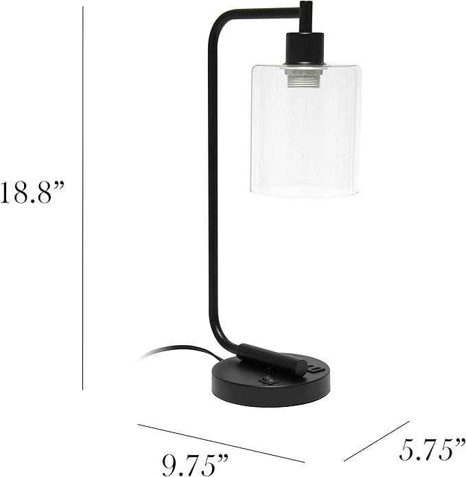 Simple Designs LD1066-BLK-LB Industrial Vintage Bronson Iron Lantern Desk Table Lamp with USB Port and Glass Cylinder Shade for Office, Living Room, Bedroom, Black, with Feit LED Bulb Included