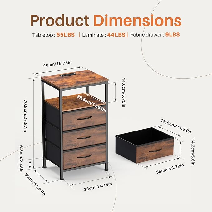 Sweetcrispy Nightstand with Charging Station, Bedside End Table with 3 Fabric Drawers & USB/Type-C Ports and Outlets, Night Stand for Bedroom Furniture, Adjustable Feet and Variable Light Strip, Rust
