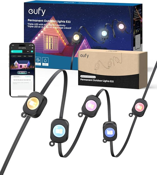 eufy Permanent Outdoor Lights E22, 100ft+ 50ft kit (Total 150ft) with 90 Triple-LED Lights, Smart RGBWW, Up to IP67 Waterproof, AI Light Themes for Halloween, Christmas, Works with eufy Cams, Black