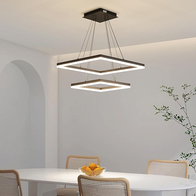 Modern LED Chandelier, 2-Light Black Ceiling Square Chandelier for Dining Room Light Fixtures Hanging Color Temperature and Height Adjustable Chandeliers for Living Room, Bedroom, Kitchen 15.7+23.6IN