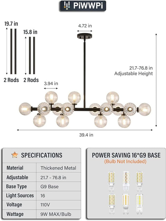 Glass Globe Sputnik Chandelier, 16-Light Mid Century Modern Light Fixture Over Table, Linear Chandeliers for Dining Room, Kitchen Island, Black and Clear Bubble, 40 Inch, GC-02