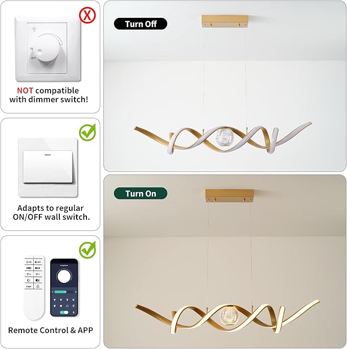 LED Modern Chandeliers for Dining Room, 39in Dimmable Gold Chandelier Kitchen Pendant Lighting Over Island, Linear Wave Spiral Pendant Light Fixtures Dining Room Lights Ceiling Hanging, 36W