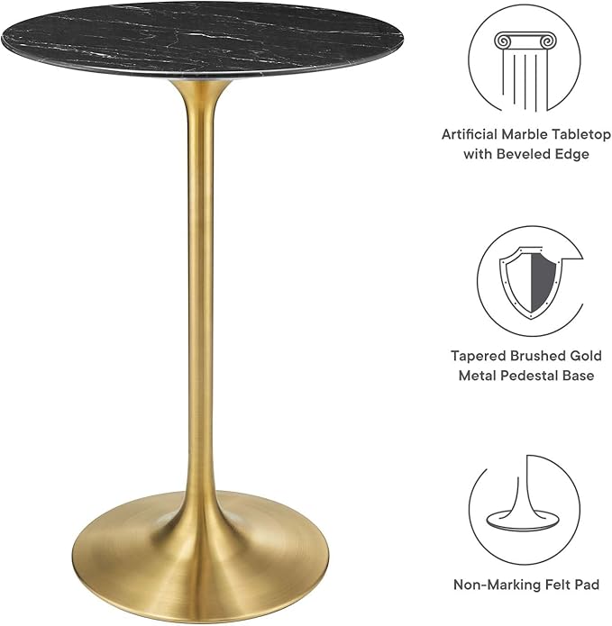 Modway Lippa Round 28" Artificial Marble Mid-Century Modern Bar Table in Gold Black