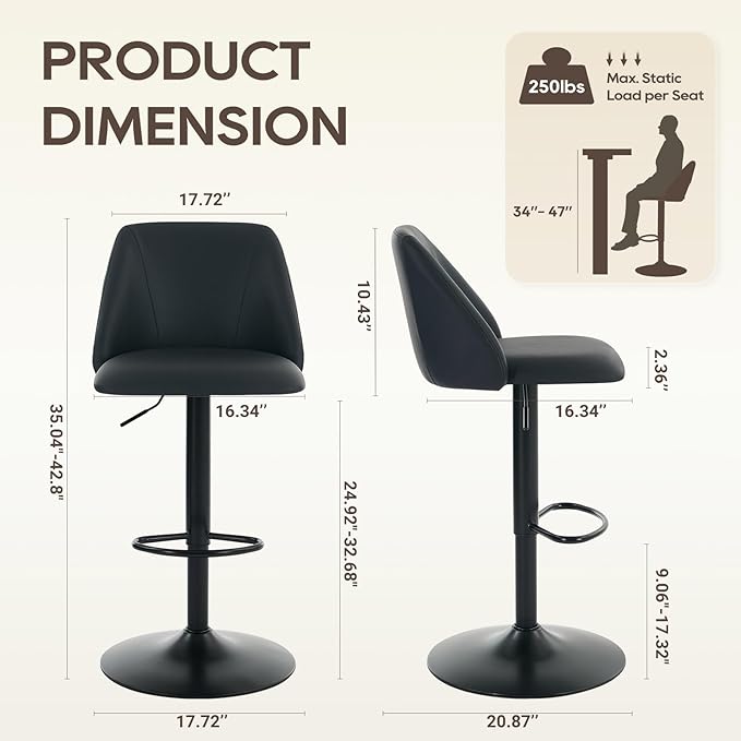 COLAMY Adjustable Bar Stools, Modern PU Leather Bar Chairs with Curved Mid-Back, 360° Swivel Counter Height Stools with Footrest & Sturdy Base for Kitchen Island, Dining Room, Home Bar,Set of 2