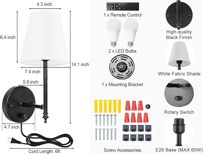 14.1 inch Wall Sconces Set of Two with Remote Control, Dimmable, Adjustable Colors 2700-6500K, Plug in Wall Sconces with White Fabric Shades, Plug in Wall Light, Black