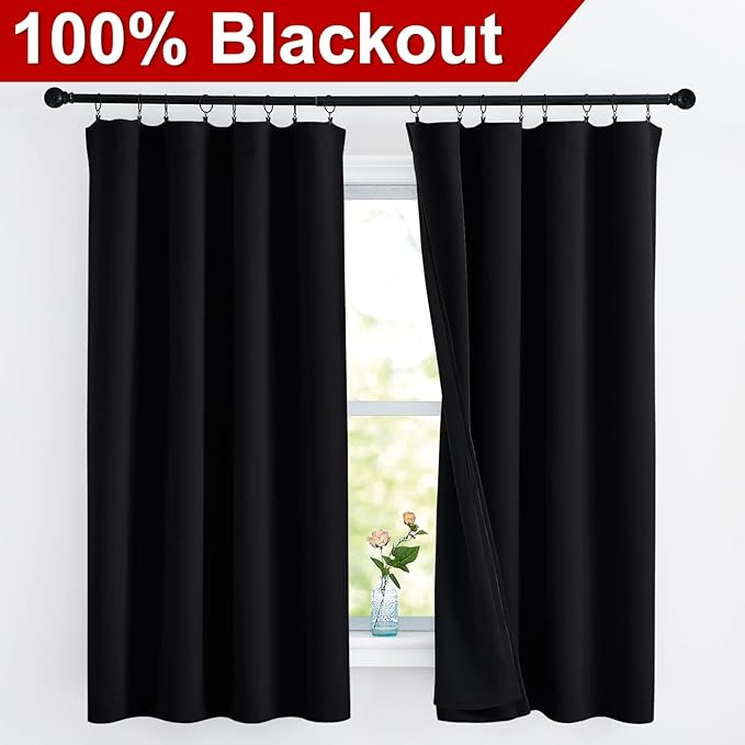 NICETOWN Complete 100% Blackout Curtains, Thermal Insulated & Energy Efficiency Window Draperies with Black Liner, Noise Reducing Drapes for Kids (Black, 52 inches W by 63 inches L, Double Panels)