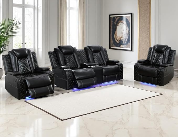 Power Reclining Sofa Set, 3PCS Living Room Set with Recliners, Luxury Recliner Loveseat & 2 Chairs with Cup Holders/Charging, Breathing Leather Reclining Couch for Home Theater/Office, Black