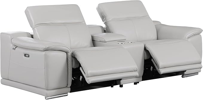 Blackjack Furniture Venice Top Grain Italian Leather Recliner 7 Seater 6 Power Reclining 3 Piece Sofa Set with Adjustable Headrests Modern Seating Sofa, Loveseat and Chair for Living Room, Light Grey