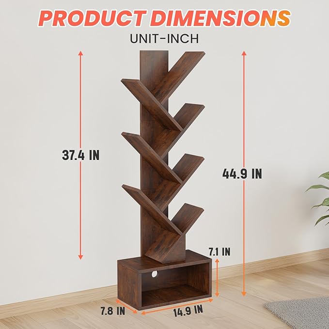 FDW 7 Tier Tree Bookshelf, Rustic Brown Floor Standing Bookcase with Storage Cabinet, Tall Narrow Bookshelves Organizer for Bedroom/Living Room/Home Office Corner