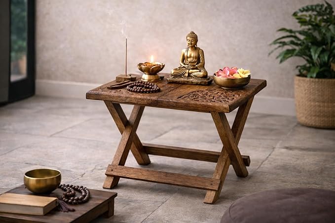 Tribe Azure Fair Trade Small Altar Table, Meditation Altar, Puja, Wood Wiccan Altar Table Buddhist, Tea Japanese, Small Low Side Table Dragon (Folding Small Floral)