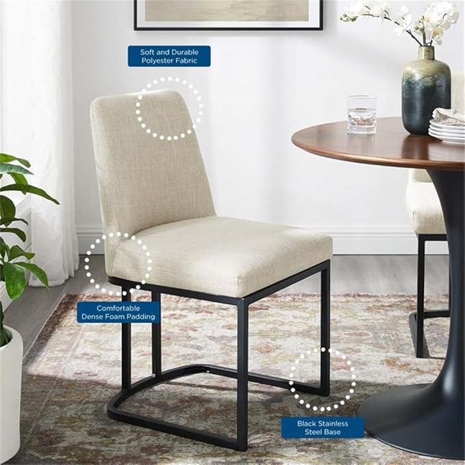 Modway Amplify Sled Base Upholstered Fabric Dining Side Chair, Black Beige 22 x 19 x 32