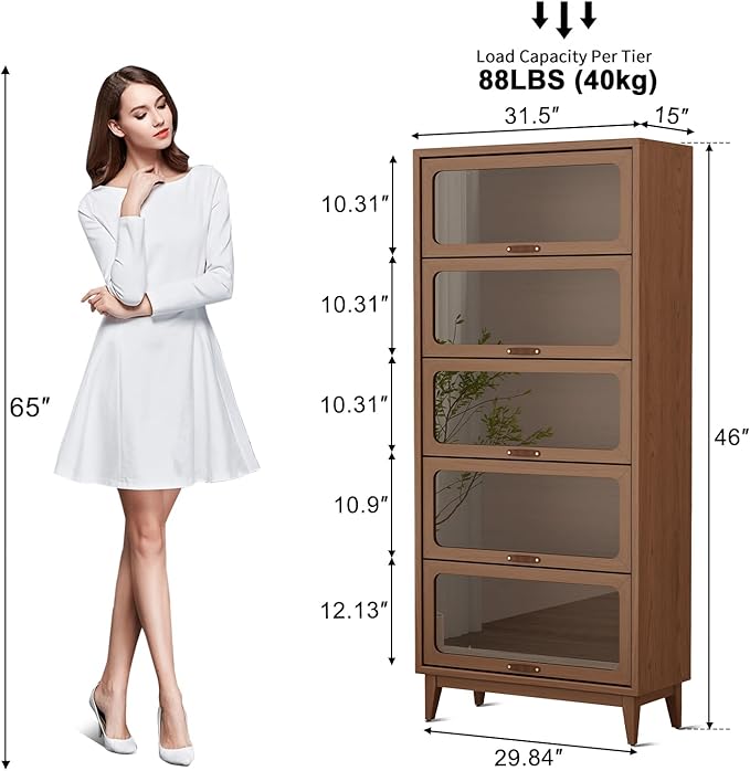 70''H Solid Wood Bookcase with 5 Shelves and Tempered Glass Flip-Up Doors, Bookshelves Finish Cube Storage Organizer, Versatile Bookshelf Pantry Cabinet(Without Lights) Natural Wood