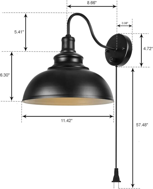 Gooseneck Wall Lamp Black Industrial Vintage Farmhouse Wall Sconces Lighting Wall Light Fixture with Plug in Cord and On Off Switch for Bedroom Nightstand