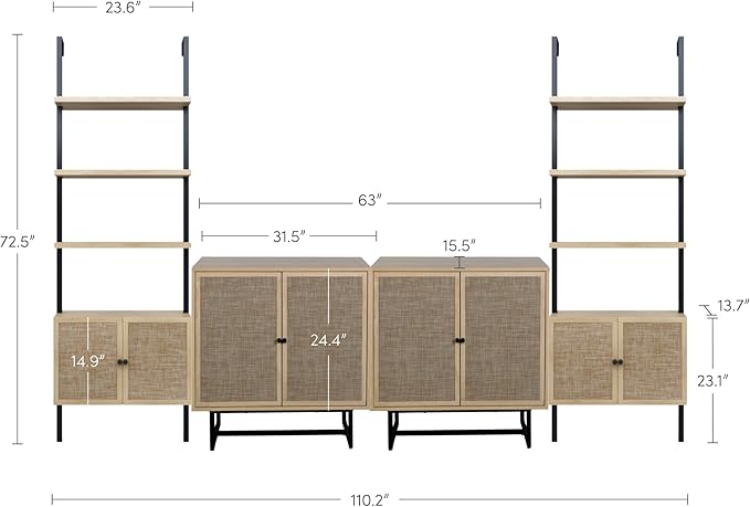 Nathan James Kova Boho Rattan and Wood TV Wall Shelving Unit Accent Storage Cabinet with Metal Frame and Cane Doors, Light Oak/Black
