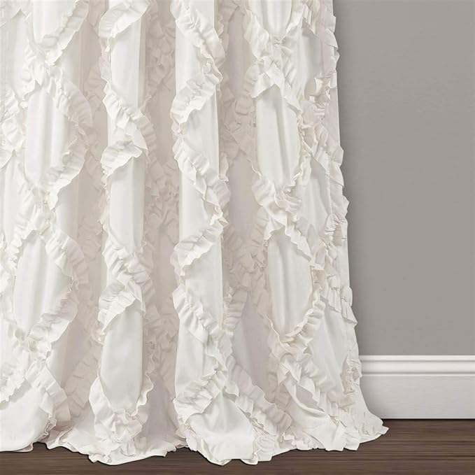Lush Decor Ruffle Diamond Curtains Textured Window Panel Set for Living, Dining Room, Bedroom (Pair), 95” x 54”, White