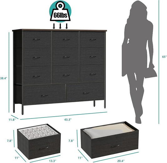 43.3" Wide Fabric Dresser for Bedroom, Chest of Drawers with 11 Deep Drawers, Multi-Drawers TV Stand TV Console, Storage Organizer for Closet, Nursery (Black)