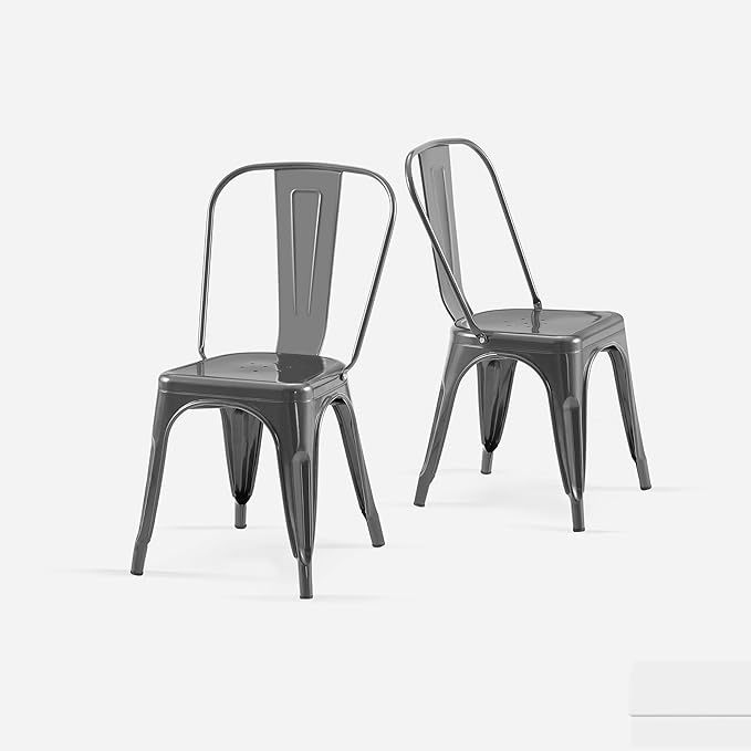 AC Pacific 18 Inch Seat Height Industrial Metal Dining Chairs, Stackable Kitchen or Bar Seat, Durable Modern Design, Versatile Accent Furniture, Set of 2, Grey