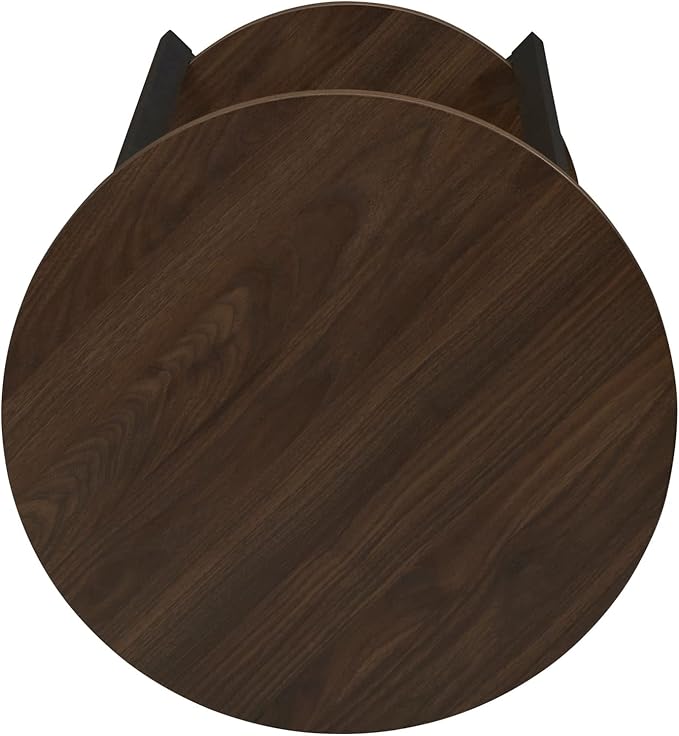 Household Essentials Jamestown Round Side End Table with Storage Shelf Mid Century Walnut Wood Grain and Black Metal