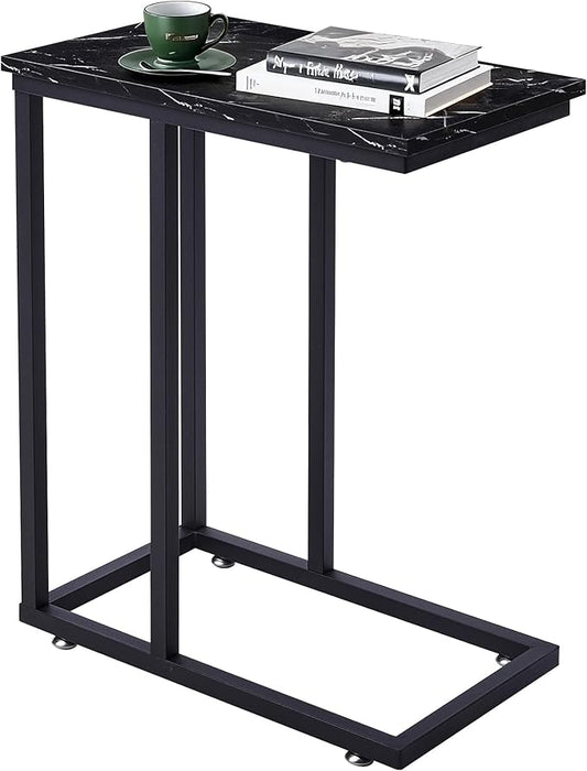 VECELO C Shaped End Side Table for Sofa Couch and Bed Snack TV Tray for Living Room Bedroom, 1 PCS, Black Marble