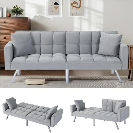 Futon Sofa Bed, 74 Inch Convertible Sofa Couch with Adjustable Backrest and Pillows, Sleeper Couch Bed with Velvet Upholstery, Square Tufted Design for Living Room Home Office, Light Gray