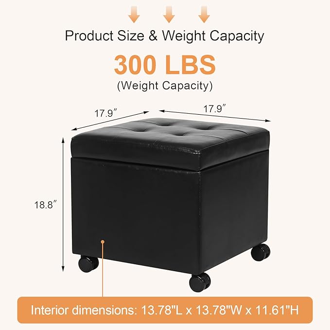 Adeco Modern Tufted Faux Leather Storage Ottoman with Wheels | 18.8" Square Rolling Footrest Stool & Vanity Seat for Living Room, Bedroom, Dorm | Hinged Lid, Black