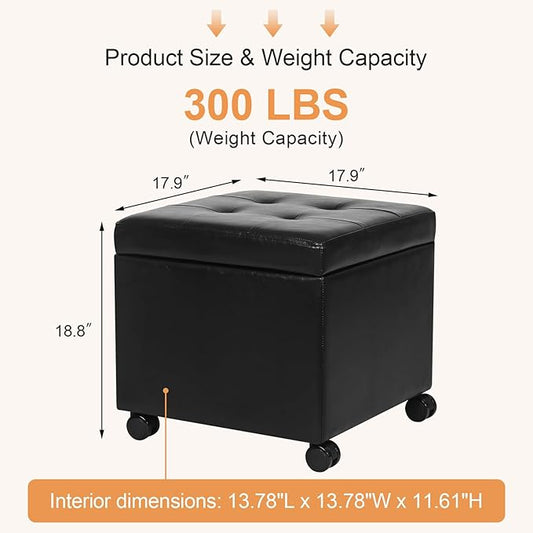 Adeco Modern Tufted Faux Leather Storage Ottoman with Wheels | 18.8" Square Rolling Footrest Stool & Vanity Seat for Living Room, Bedroom, Dorm | Hinged Lid, Black