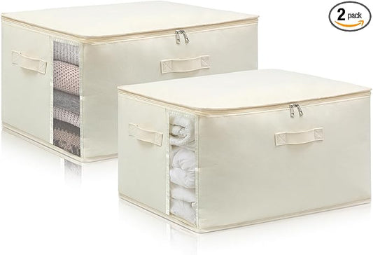 Canvas Comforters Bags Closet Organizers and Storage for Quilts Clothes Organization Containers Bins with Sturdy Zipper, Clear Window 75L for Sweaters Blankets Storage Bedroom Collapsible 2Pack
