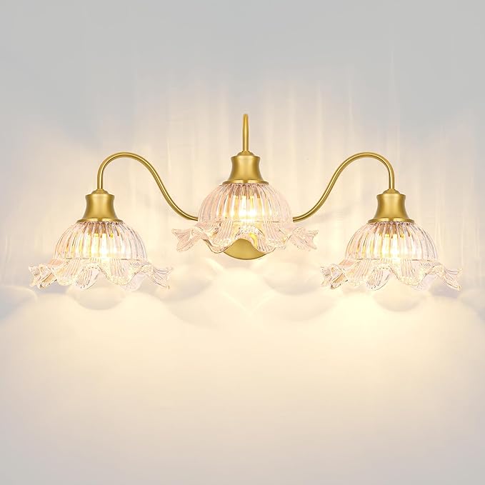 Brushed Gold Bathroom Vanity Light Fixture Vintage 3 Light Bathroom Lighting Over Mirror, Farmhouse 24'' Wall Sconce Lighting with Flower Glass Shades, Easy Mount for Makeup Area, E26 Bulb Compatible