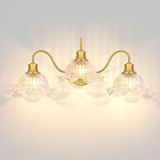 Brushed Gold Bathroom Vanity Light Fixture Vintage 3 Light Bathroom Lighting Over Mirror, Farmhouse 24'' Wall Sconce Lighting with Flower Glass Shades, Easy Mount for Makeup Area, E26 Bulb Compatible