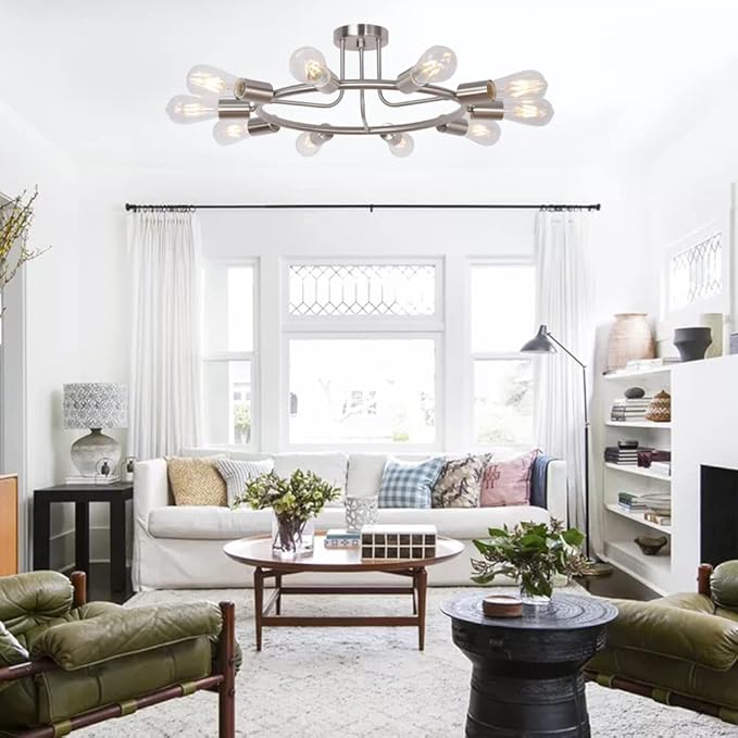 BONLICHT Round Rustic Chandelier 10-Light Brushed Nickel Modern Semi Flush Mount Ceiling Light Industrial Vintage Sputnik Chandelier Light Fixture for Living Room Dining Room Bed Room Kitchen Hallway
