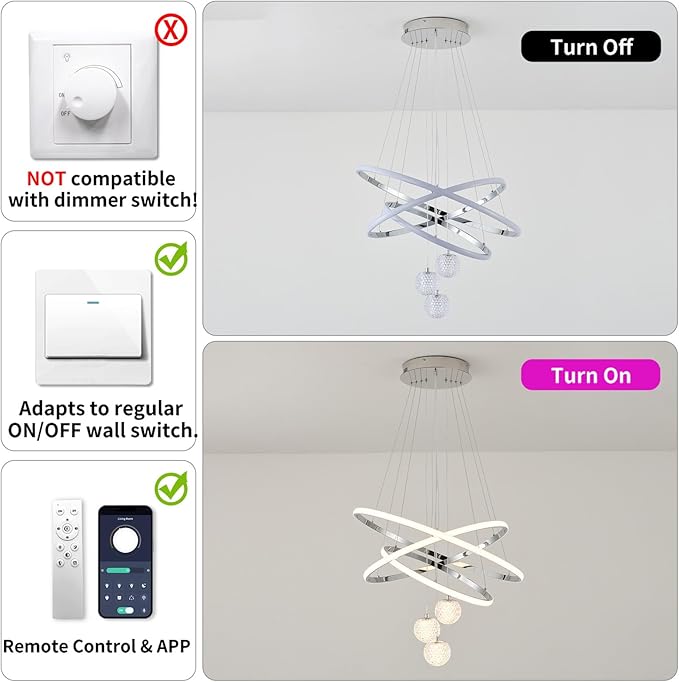 LED Modern 3 Ring Chandeliers for Dining Room, 24in Dimmable Kitchen Pendant Lamp, Silver Dining Room Light Fixtures Ceiling Hanging Over Table, Globe Round Chandeliers for Living Room, Chrome