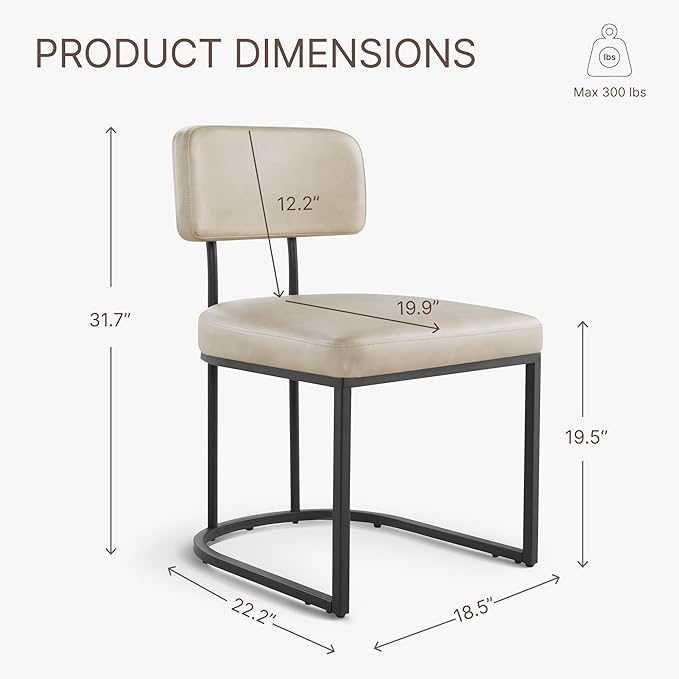 Dining Chairs Set of 2, Upholstered Modern Kitchen Chairs with Ergonomic Backrest, Faux Leather Cushion Seat & Curve Metal Legs for Living Room, Restaurant, and Café, Beige