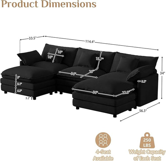 114" U Shaped Cloud Couch Sectionals Oversized Sectional Couches for Living Room Modular Couch, Large Velvet Cloud Sofa with Movable Ottoman, Black
