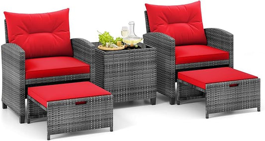 Tangkula 5 Pieces Patio Conversation Set, PE Wicker Rattan Outdoor Furniture Set with 2 Chairs, 2 Ottomans & Tempered Glass Coffee Table, Ideal for Poolside, Backyard, Lawn, Deck, Mix Grey & Red