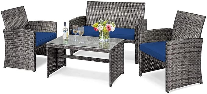 DORTALA 4 Piece Patio Furniture Set, Outdoor Wicker Conversation Set with Soft Cushions & Tempered Glass Coffee Table, Rattan Patio Sofa Bistro Sets for Courtyard Balcony, Navy