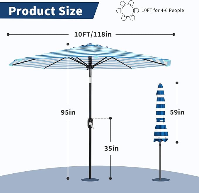 Garvee 10FT Patio Umbrella - Outdoor Table Umbrella with Crank Lift & Push Button Tilt - Market Umbrella 8 Sturdy Ribs UV Protection for Pool, Deck, Yard, Garden
