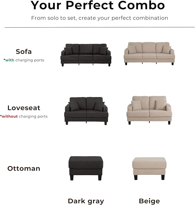 Homes: Inside + Out Reese Modern Plush Boucle Comfortable Loveseat with Side Pockets, Cup Holders and Pillows, Wooden Soft Couch for Living Room, Bedroom and Office, Dark Grey