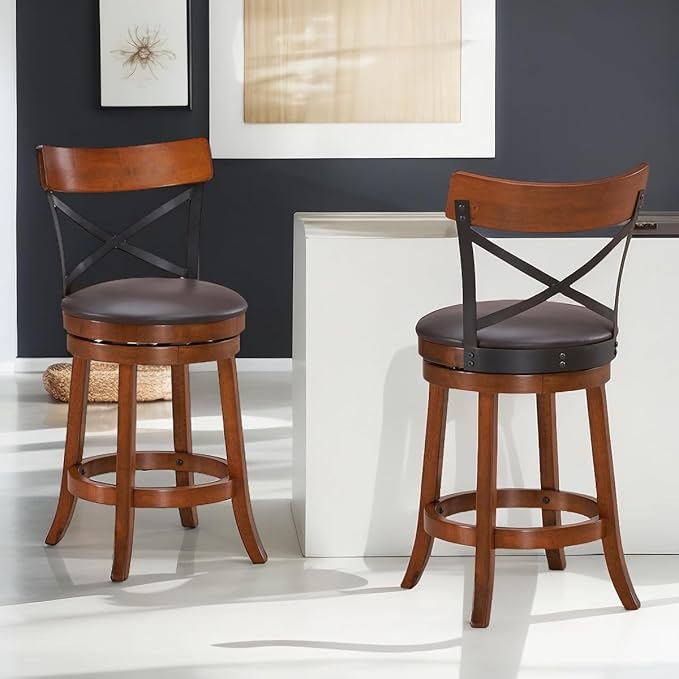 ERGOMASTER Swivel Bar-Stools Rubber Counter Height Barstool 24 Inch Seat Height Bar Chair Cappuccino X Open Back Heavy Duty for Kithcen Dining Bar（ 24 Inches, Set of 4）