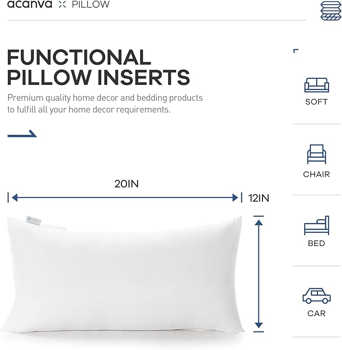 Acanva Fluffy Pillow Insert for Bed Sleeping, Decorative Stuffer Cushion Sham Filler, 12 Inchx20 Inch, White