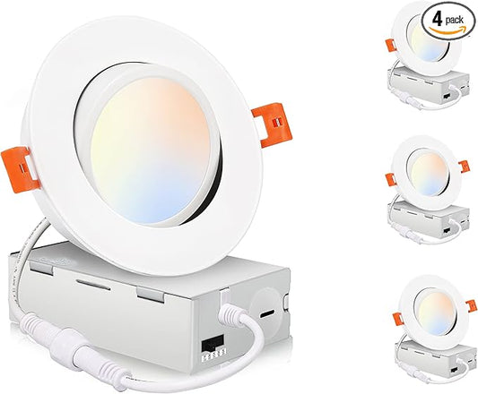 CLOUDY BAY [4-Pack] 4 inch 5 Color Swivel LED Gimbal Recessed Light with Junction Box, IC Rated Air Tight, 120V CRI90+, 2700K/3000K/3500K/4000K/5000K Temperature Selectable,White